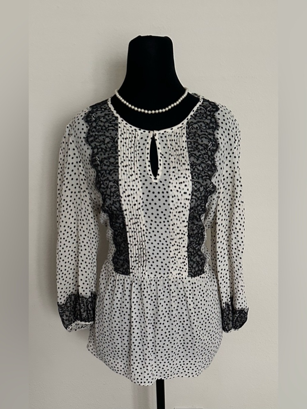 Boden White and Black Polka Dot Lace-Trim Blouse